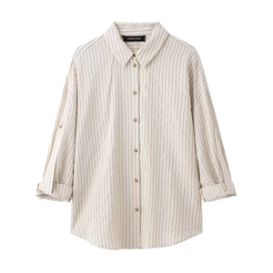 Detail of striped shirt showing collared neckline, buttons, and adjustable rolled sleeves