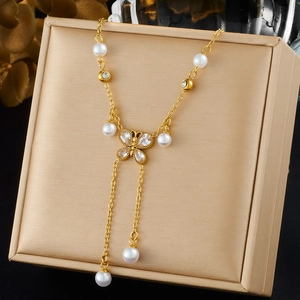 Stainless Steel Butterfly Pendant Necklace With Imitation Artificial Pearls And Zircon Tassel Chain Jewelry For Women Elegant Style