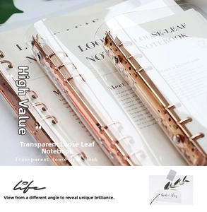 Detail showing the transparent PVC cover and rose gold 6-ring binder of the notebook