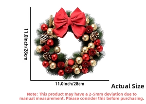 Detail showing the 11-inch Christmas wreath dimensions with pine cones and red bow
