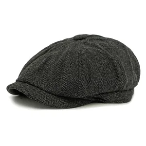 Classic dark grey herringbone newsboy cap for men and women in vintage British style