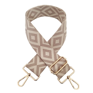 Detail of adjustable 5cm wide shoulder strap with beige and brown geometric patterns
