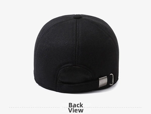 Detailed back view of a black winter baseball cap featuring an adjustable metal buckle strap