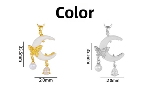 Detailed view of butterfly crescent moon pendants in gold and silver with dimensions