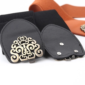Retro wide elastic waist belt for women with vintage floral metal buckle in black and brown