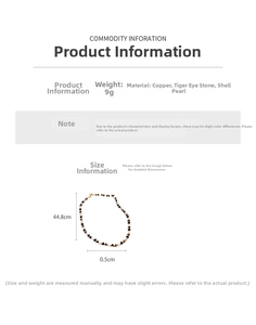 Vue détaillée du collier en perles d'oeil de tigre et nacre avec dimensions et spécifications