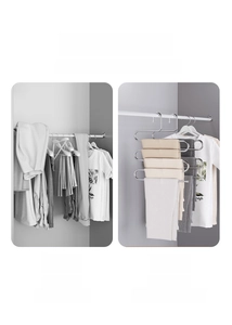S-shaped 5-tier stainless steel pants rack showing before and after storage comparison