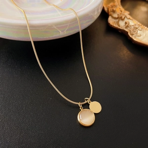 Gold stainless steel snake chain necklace with cat eye stone and round disc pendants