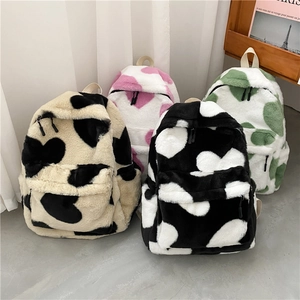 Women Casual Plush Backpack Cute Heart Cow Print Faux Fur Rucksack Soft Large Capacity School Daily Bag For Teenager