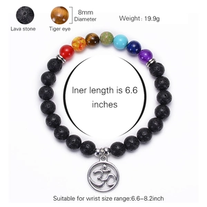 Lava rock and tiger eye 7 chakra bead bracelet with Om symbol charm and sizing details