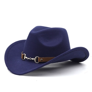 Navy blue wool felt cowboy hat featuring a brown leather band and gold snaffle bit