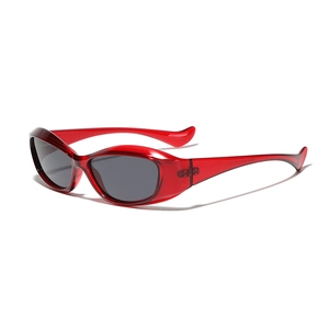 Modern Y2K oversized square sunglasses with transparent red frame and dark grey lenses