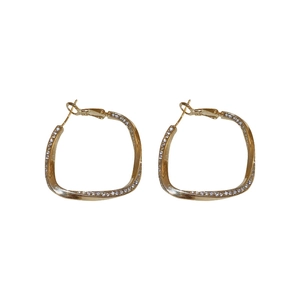 Golden twisted square hoop earrings with sparkling rhinestones for women