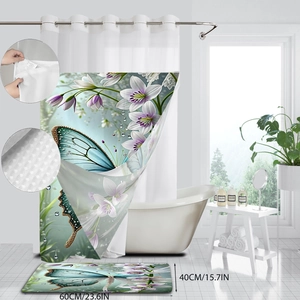 Digital print waffle shower curtain with blue butterfly and white lily floral design