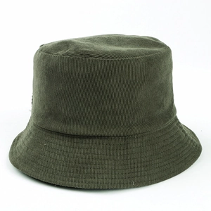 Close-up of army green corduroy bucket hat with reinforced stitched brim detail