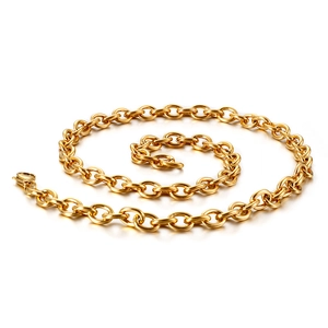Classic golden stainless steel O-chain necklace with lobster clasp on white background
