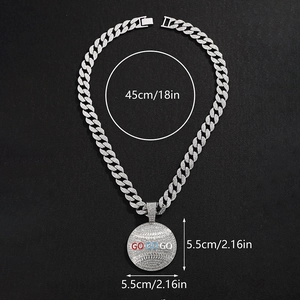 Silver Cuban link necklace with GO GO GO baseball pendant and sparkling rhinestones
