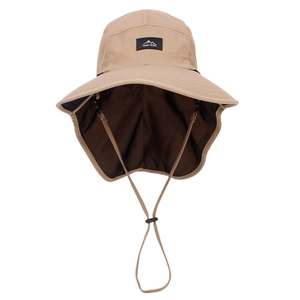 Detail of outdoor sun hat with Mount Hood label, neck flap and breathable mesh lining