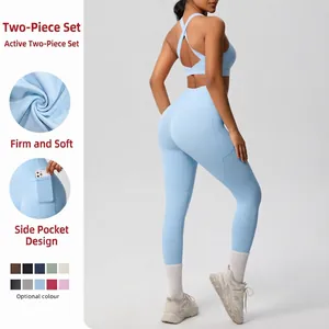 Abbigliamento Yoga Palestra Donna Nylon Spandex Leggings Vita Alta Con Tasche Laterali Reggiseno Sportivo Incrocio Traspirante