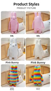 Detail view showing front and back of pink white and rainbow plush bunny pillows