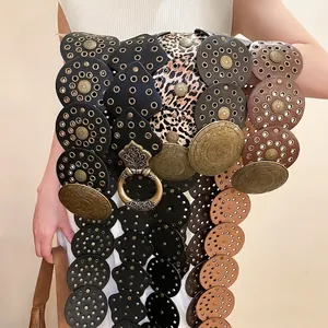 Vintage Bohemian Waist Belt Women Faux Leather Round Rivet Eyelet Large Engraved Buckle Ethnic Style Decorative Chain