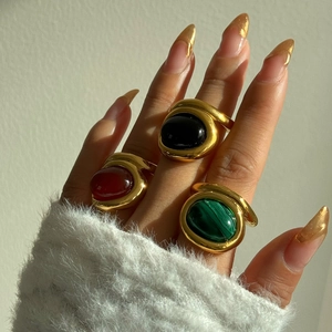 Vintage 18k gold plated chunky rings set with oval malachite, black and red stones