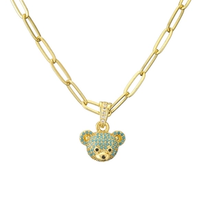 Gold paperclip chain necklace with a green textured teddy bear pendant and clear zircons