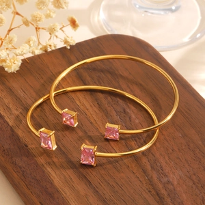 Elegant gold-plated stainless steel cuff bracelets with pink square zircon stones set