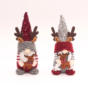 Lot de deux gnomes de Noël avec chapeaux à paillettes bois de renne et barbes