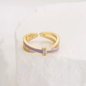 Crossed 18K gold plated copper ring with purple enamel and zircon inlay details