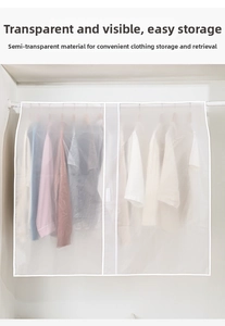 Translucent PEVA garment dust cover detail with white stitched edges for closet storage