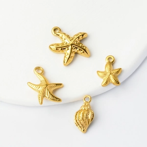 Golden stainless steel starfish and seashell pendants for DIY ocean jewelry making