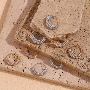 18K gold plated stainless steel hoop earrings with pearls and micro-pave crystals