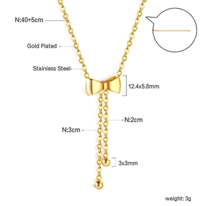 Detailed specs of gold plated stainless steel bow necklace with tassel chain measurements