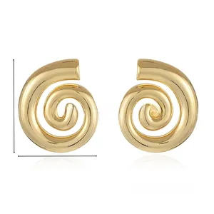Detailed view of gold spiral geometric earrings with 3cm height and 2.5cm width dimensions