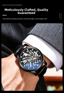 Close-up of skeleton automatic mechanical watch with black leather strap and blue coating
