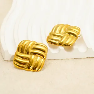 Minimalist square 18K gold plated stainless steel stud earrings with textured linear pattern