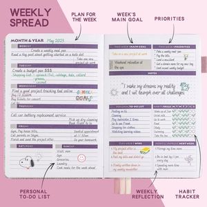 Undated weekly planner notebook with goal tracking and habit tracker layout in pink style