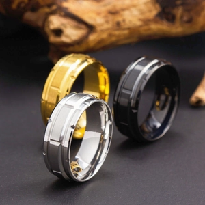 Men's titanium steel rings in gold, silver and black with brushed texture and grooves