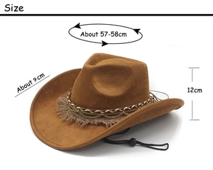 Detail view of suede cowboy hat with fringe, metal chain trim, and adjustable strap