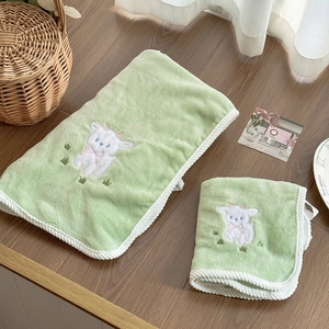Lamb Embroidery Bath Towel Coral Velvet Absorbent Soft Fleece Hand Towel Home Bathroom Cute Green