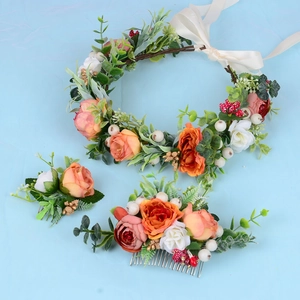 Handmade floral hair comb and wreath set with orange roses for bridal photography