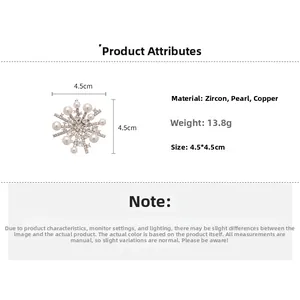 Detail view of snowflake pearl brooch with zircon accents, sizing 4.5cm and material specs