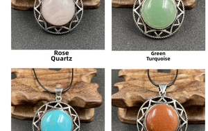 Detailed grid of four crystal pendants including rose quartz and aventurine with sunbeam frames