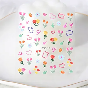5D embossed nail art stickers with 3D colorful flowers, rabbits and hearts motifs