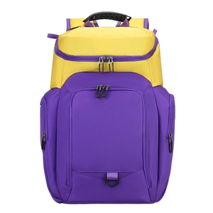 Front view of purple and yellow sports backpack with multiple zipper pockets and top handle