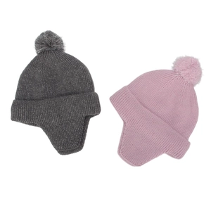 Winter knit trapper hats for kids with ear flaps and pom-poms in pink and dark grey