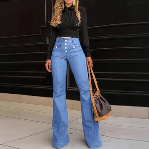 Dames jeans met hoge taille en wijde pijpen, vierknopssluiting en slanke pasvorm