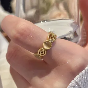 Vintage Geometric Open Ring Copper Hollow Coin Motif Cat Eye Stone Adjustable Fashion Jewelry For Women
