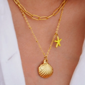 Double-layered 14K gold stainless steel necklace with seashell and starfish pendants